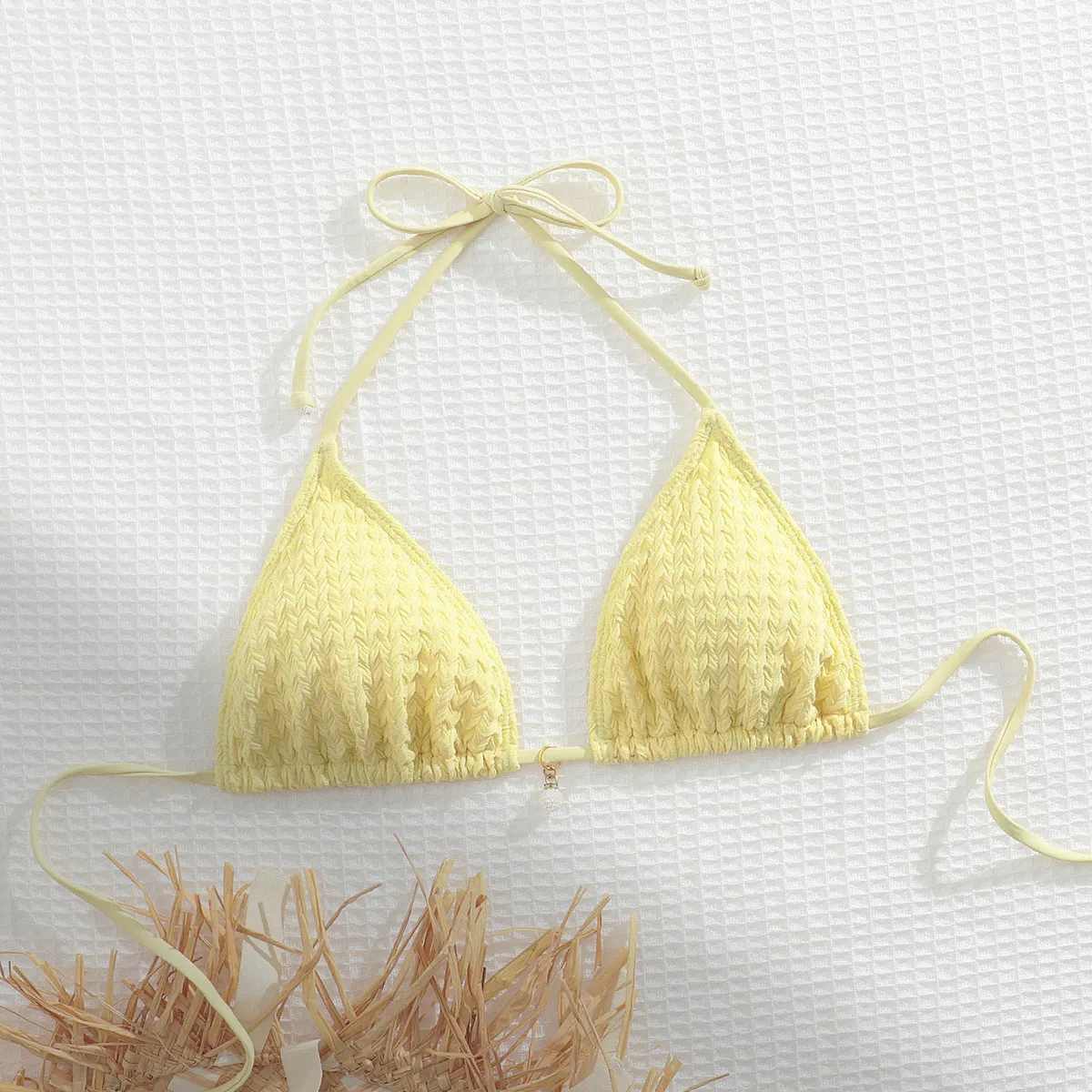 Women Fashion Sexy Solid Color Halter-Neck Lace-Up Bikini Top
