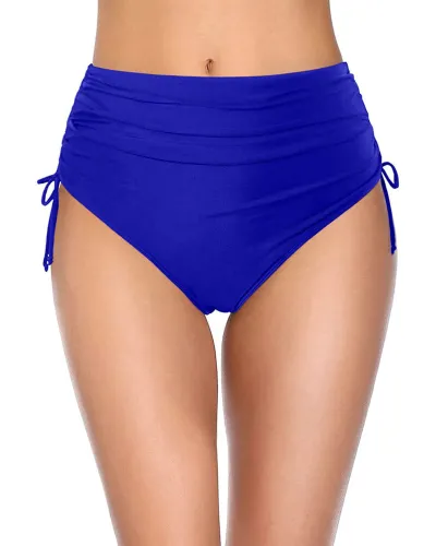 Women High Waist Drawstring Pleated Swim Bottom - Solid Color Nylon Bikini
