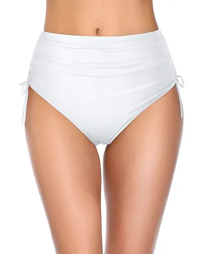 Women High Waist Drawstring Pleated Swim Bottom - Solid Color Nylon Bikini