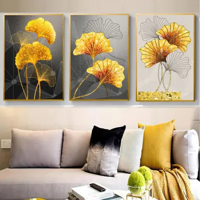 Gold Foil Leaf Canvas Wall Art Poster 40x60cm Flower Painting Frameless Decoration 3pcs-Set