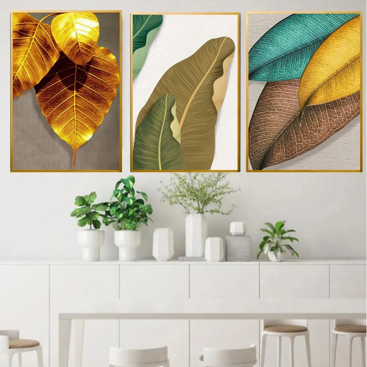 Gold Foil Leaf Canvas Wall Art Poster 40x60cm Flower Painting Frameless Decoration 3pcs-Set