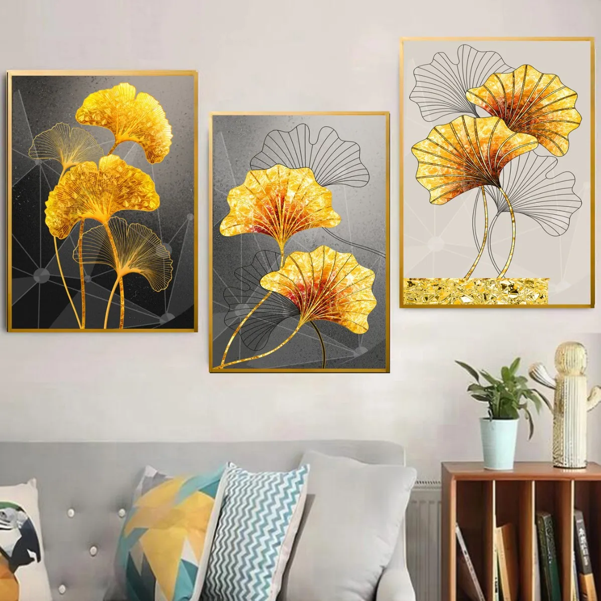Fashion 30x40cm Gold Foil Leaf Canvas Painting Wall Decoration 3pcs-Set