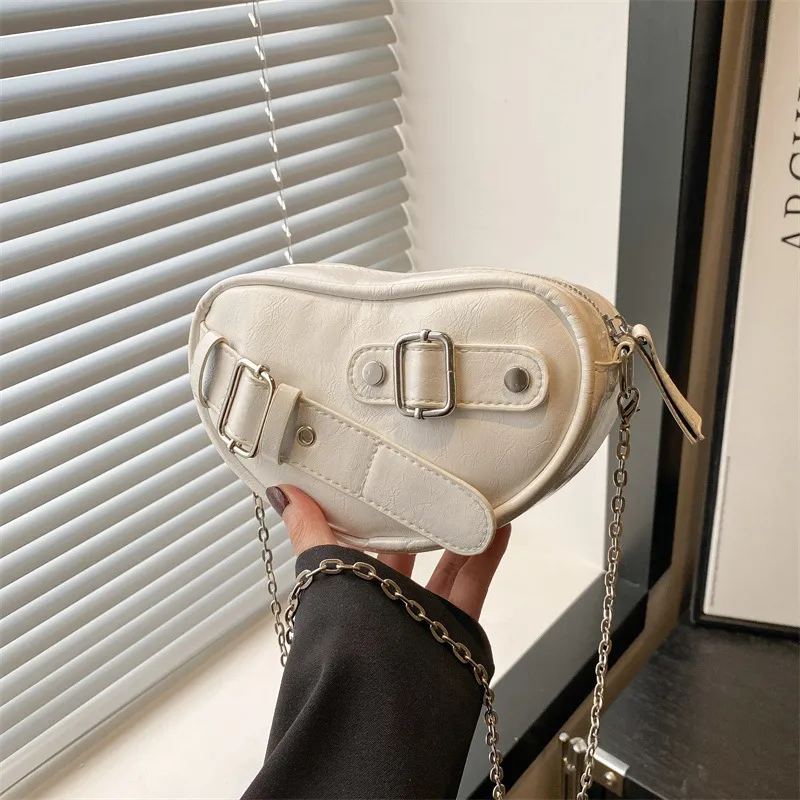 Women Fashion Cool Solid Color Love-Shaped Belt PU Shoulder Bag