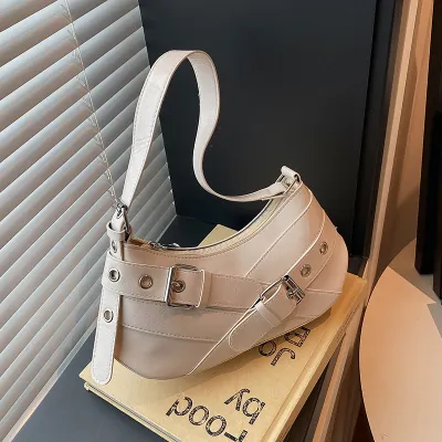 Women Fashion Casual Solid Color Belt Baguette PU Shoulder Bag