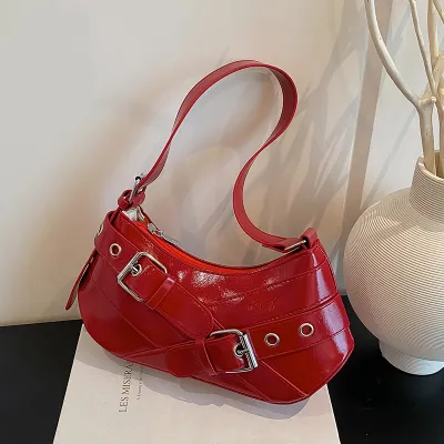 Women Fashion Casual Solid Color Belt Baguette PU Shoulder Bag