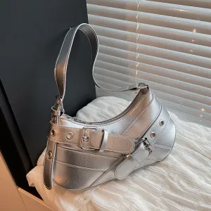 Women Fashion Casual Solid Color Belt Baguette PU Shoulder Bag