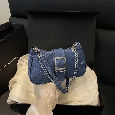 Women Fashion Solid Color Chain Belt Denim Shoulder Bag Casual Soft