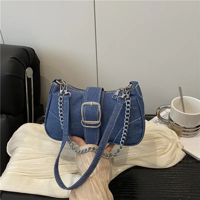 Women Fashion Solid Color Chain Belt Denim Shoulder Bag Casual Soft