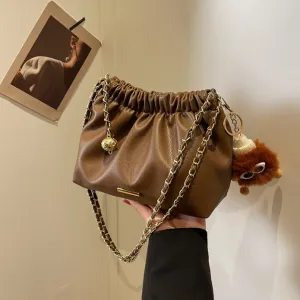 Women Fashion Casual Solid Color Chain Plush Pendant Shoulder Bag