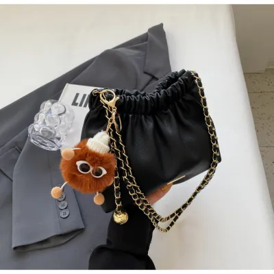 Women Fashion Casual Solid Color Chain Plush Pendant Shoulder Bag