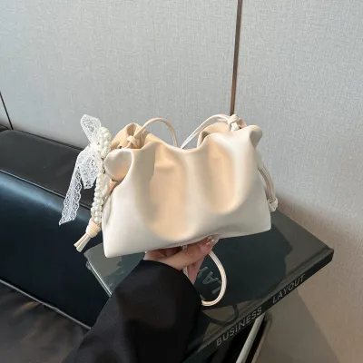 Women Fashion Casual Solid Color Lace Pearl Pendant Shoulder Bag PU Small Square Bag