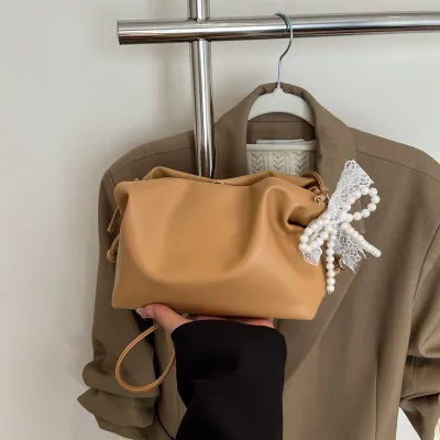 Women Fashion Casual Solid Color Lace Pearl Pendant Shoulder Bag PU Small Square Bag