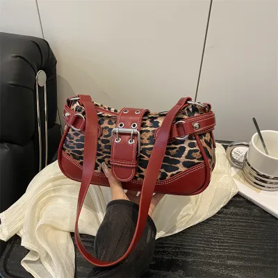 Women Fashion Casual Leopard Stitching Belt PU Shoulder Bag