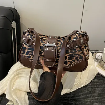 Women Fashion Casual Leopard Sttching Belt Shoulder Bag