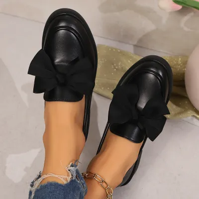 Women British Style Solid Color Round Toe PU Loafers