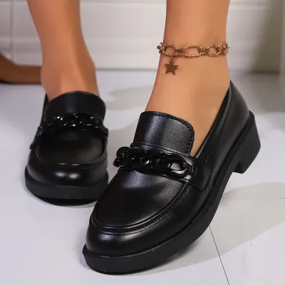 Women British Style Solid Color Round Toe PU Loafers