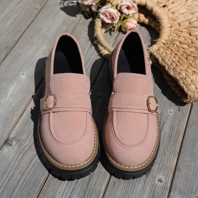 Women Fashion Retro Solid Color Round-Toe Platform Slip-On Loafers