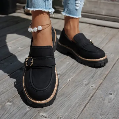 Women Fashion Retro Solid Color Round-Toe Platform Slip-On Loafers