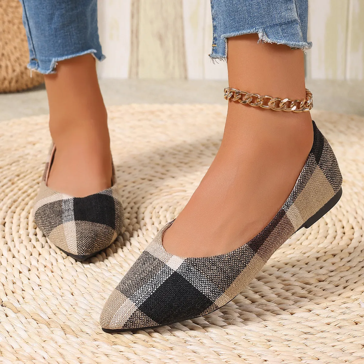 Women Fashion Casual Plaid Pointed-Toe Flat Loafers