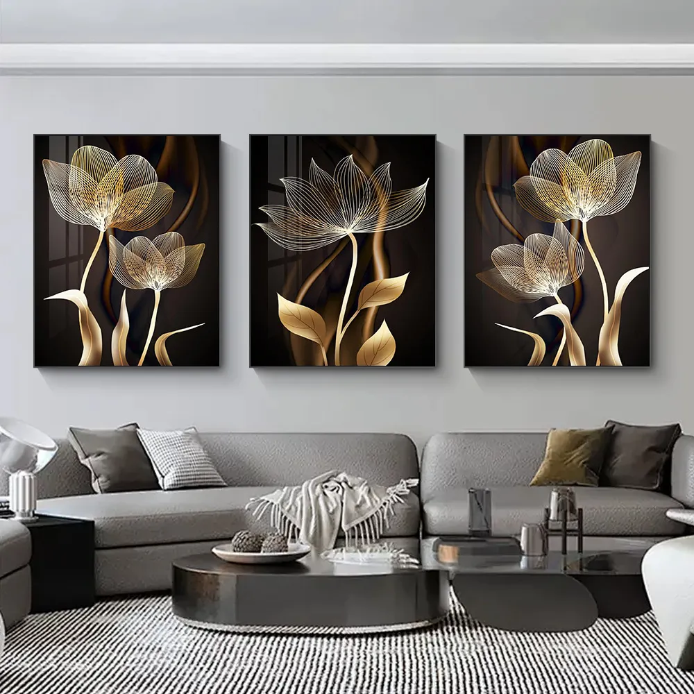 Gold Flower Framed Abstract Art Painting Modern Living Room Home Decoration Crystal Film