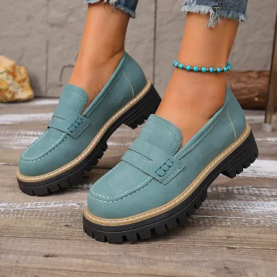 Women Fashion Casual Retro Round-Toe Frosted Platform Loafers