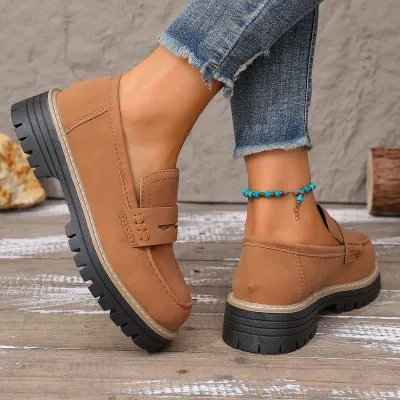 Women Fashion Casual Retro Round-Toe Frosted Platform Loafers