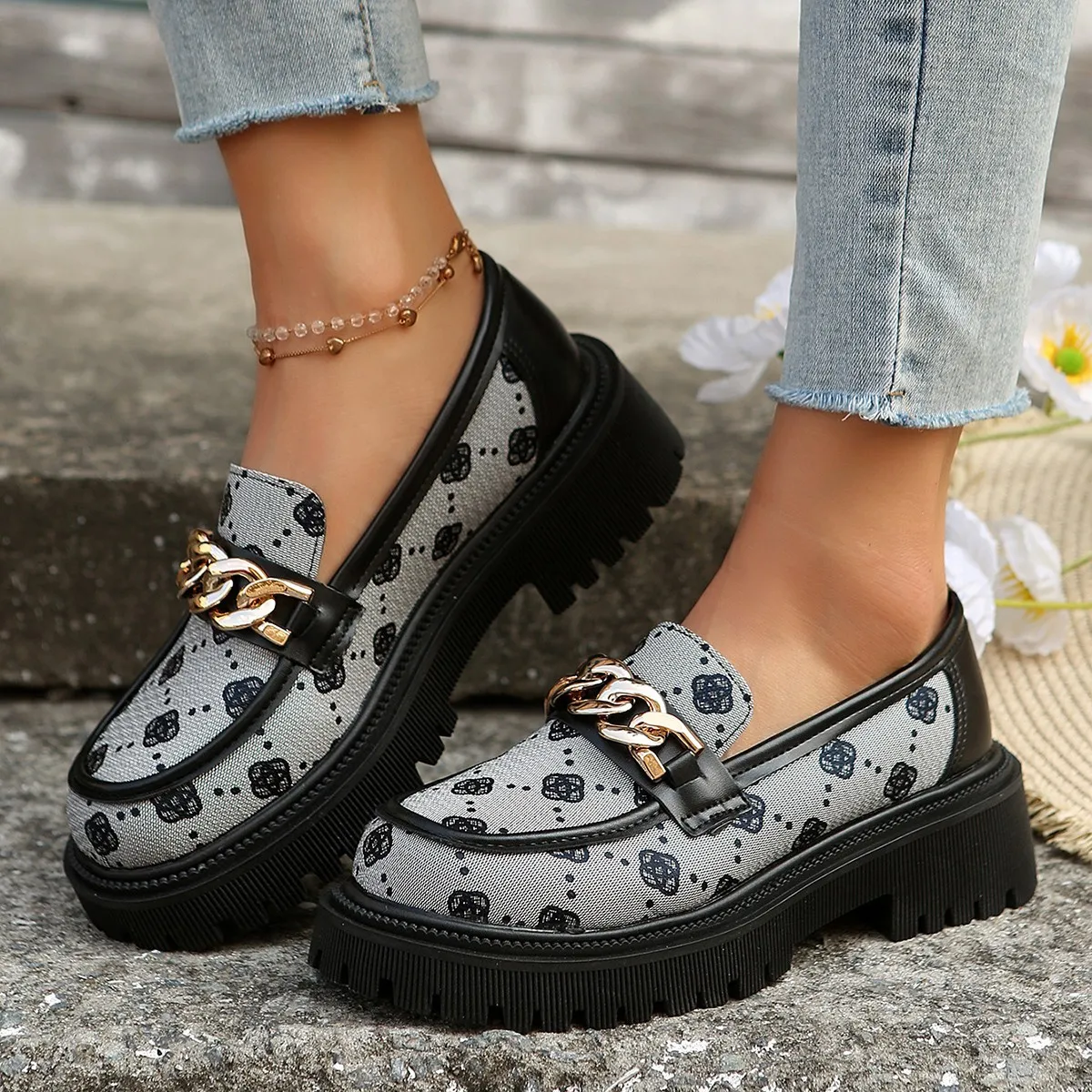 Women Fashion Casual Printed Round-Toe Metal Chain Leather Platform Loafers