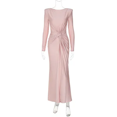 Women Elegant Solid Color Pleated Round Neck Long Sleeve Slim-Fit Party Dress