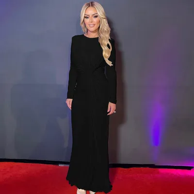 Women Elegant Solid Color Pleated Round Neck Long Sleeve Slim-Fit Party Dress