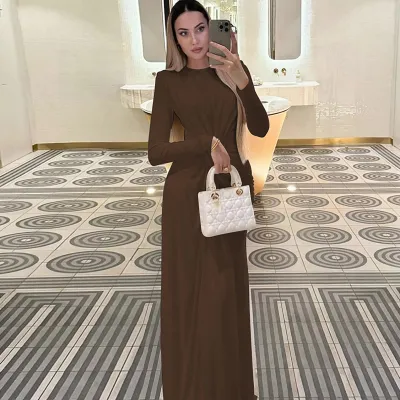 Women Elegant Solid Color Pleated Round Neck Long Sleeve Slim-Fit Party Dress