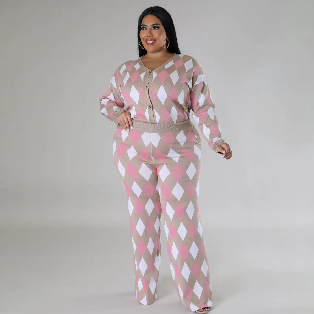Women Plus Size Knitted Rhombic Long-Sleeve Cardigan Slim Fit Pants Two-Piece Set for Autumn Winter