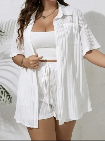 Women Fashion Casual Plus Size Solid Color Pleated Lapel Short-Sleeve Blouse Loose Shorts Two-Piece Set