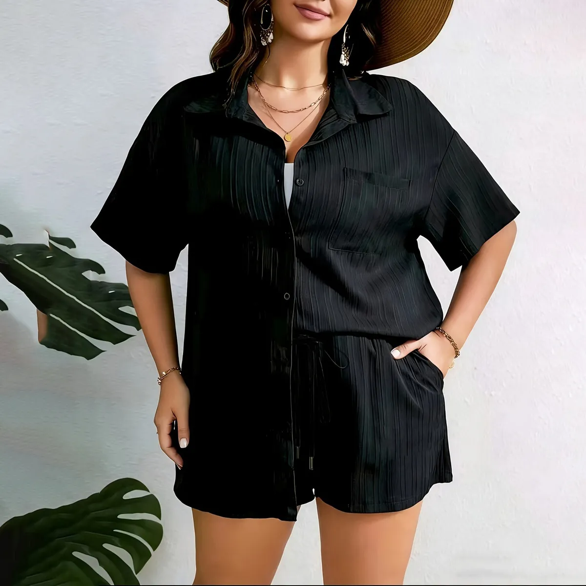 Women Fashion Casual Plus Size Solid Color Pleated Lapel Short-Sleeve Blouse Loose Shorts Two-Piece Set