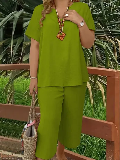 Women Plus Size Casual Solid Color V-Neck Short Sleeve Top Wide Leg Pants Two-Piece Set