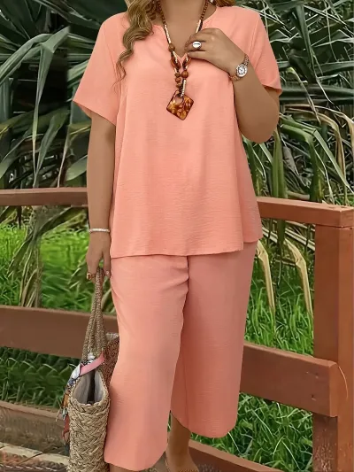 Women Plus Size Casual Solid Color V-Neck Short Sleeve Top Wide Leg Pants Two-Piece Set