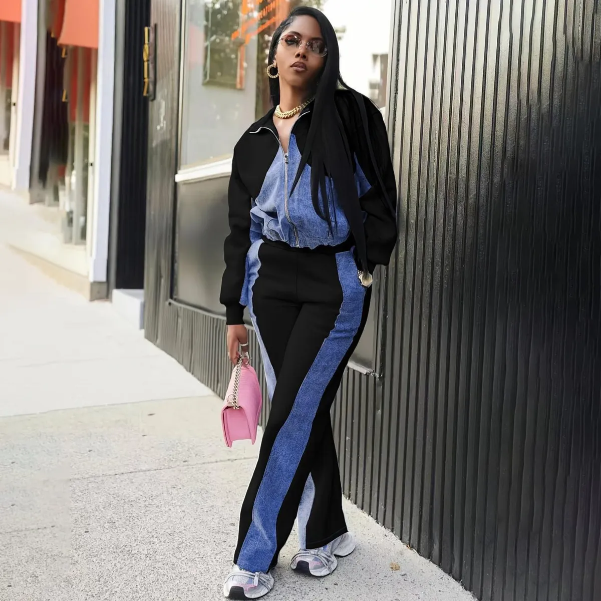 Women's Casual Denim Stitching Lapel Long-Sleeve Coat with Straight Jeans Two-Piece Set