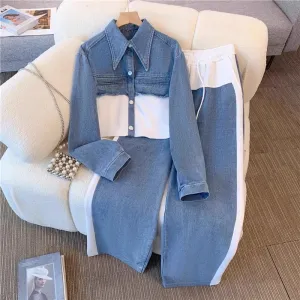 Women's Casual Denim Cardigan Jacket and Wide Leg Jeans Two-Piece Set