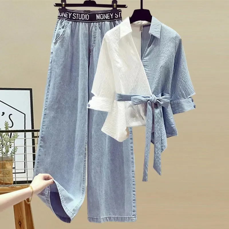 Women Casual Stitching Lapel Short-Sleeve Lace-Up Blouse Wide Leg Denim Pants Set