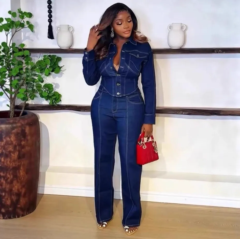 Women Casual Lapel Long-Sleeve Denim Jacket Wide-Leg Jeans Two-Piece Set