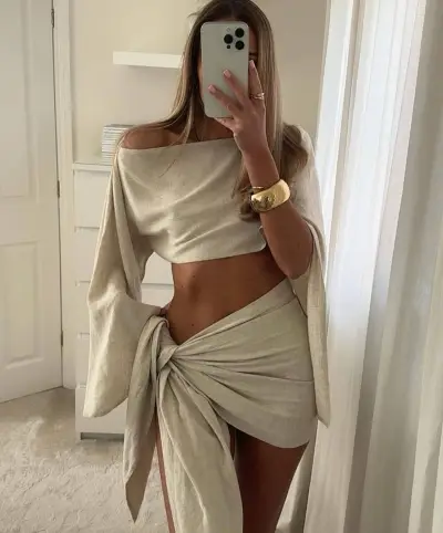 Women Fashion Sexy Solid Color Breathable Long-Sleeve Crop Top Lace-Up Mini Skirt Two-Piece Set