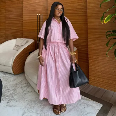 Women Fashion Casual Stripe Lapel Short-Sleeve Cardigan Shirt High Waist Maxi Skirt Two-Piece Set