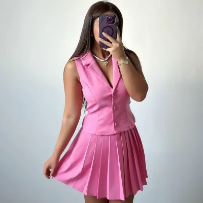 Women Elegant Solid Color Lapel Sleeveless Vest Pleated Mini Skirt Two-Piece Set