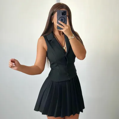 Women Elegant Solid Color Lapel Sleeveless Vest Pleated Mini Skirt Two-Piece Set