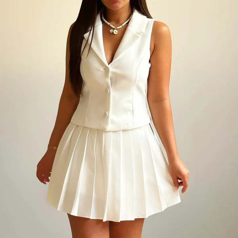 Women Elegant Solid Color Lapel Sleeveless Vest Pleated Mini Skirt Two-Piece Set