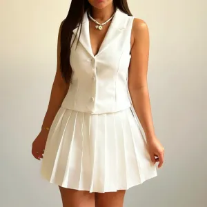 Women Elegant Solid Color Lapel Sleeveless Vest Pleated Mini Skirt Two-Piece Set