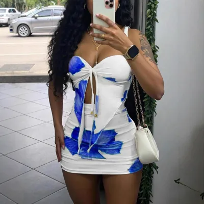 Women Fashion Sexy Floral Printed Tube Top Pleated Mini Skirt Two-Piece Set
