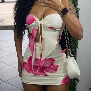 Women Fashion Sexy Floral Printed Tube Top Pleated Mini Skirt Two-Piece Set