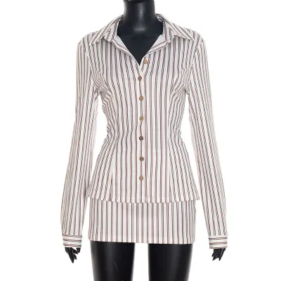 Women Fashion Stripe Lapel Button Long-Sleeve Slim-Fit Blouse High Waist Mini Skirt Two-Piece Set