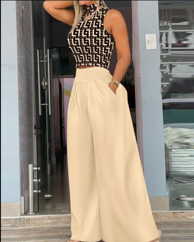 Women's Sleeveless Tank Top and Printed Wide-Leg Pants Two-Piece Set