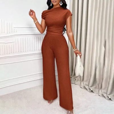 Women Fashion Solid Color Asymmetric Collar Pleated Sleeveless Top Wide Leg Pants Two-Piece Set